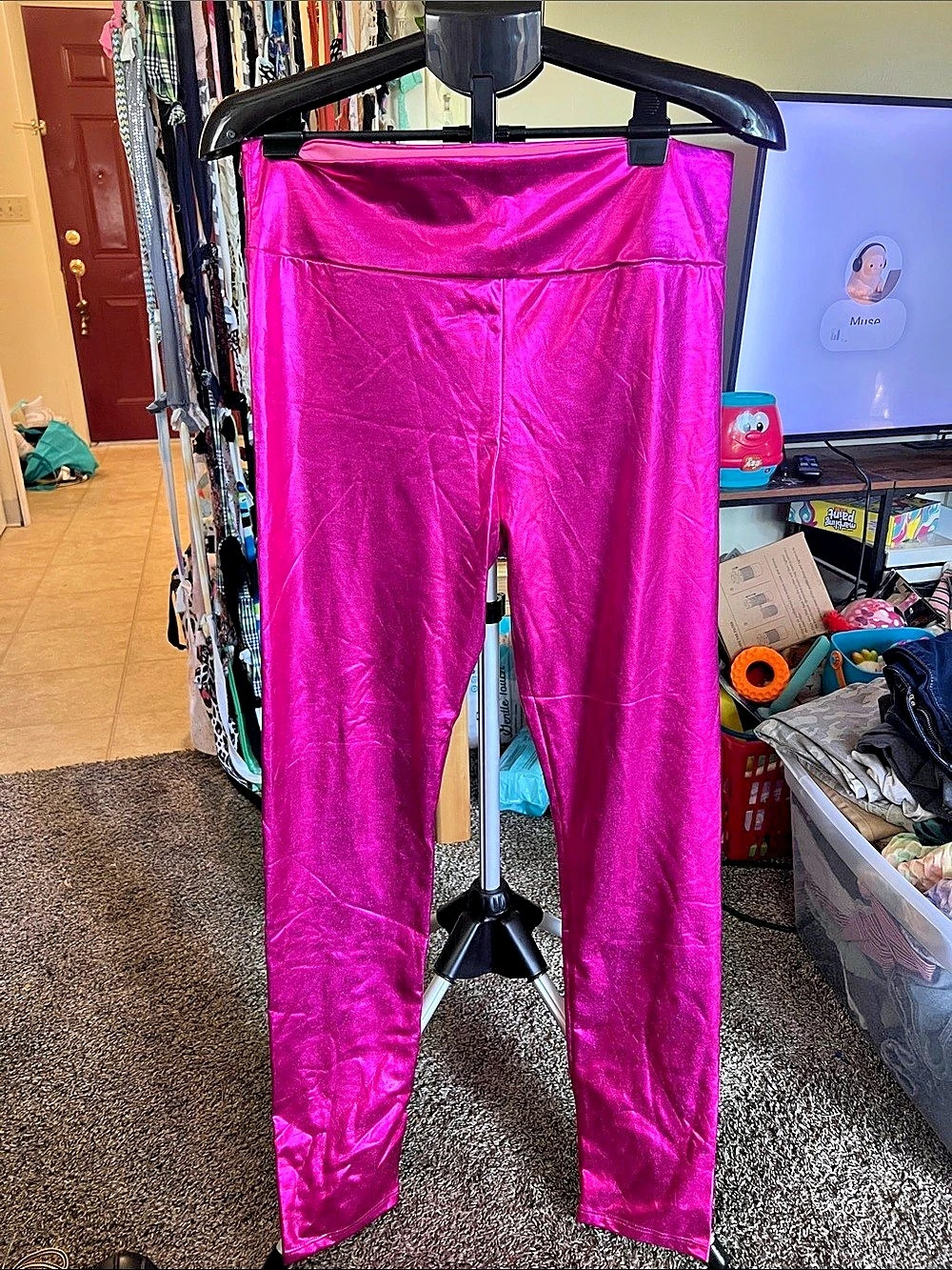 Sakkas Shiny Liquid Metallic High Waist Stretch Leggings Pink XL